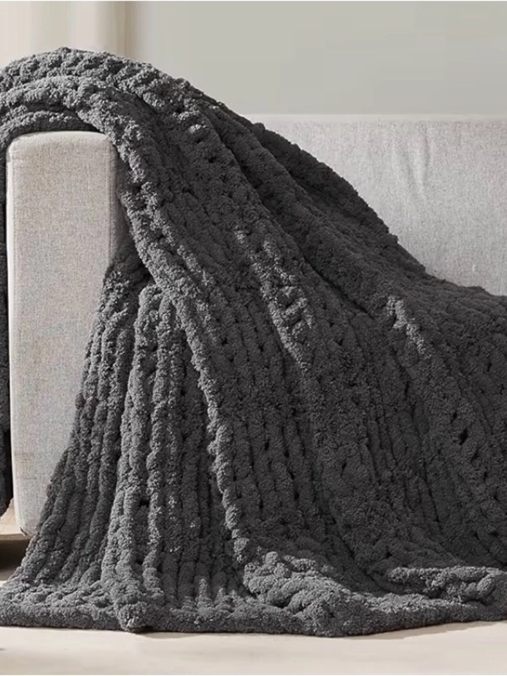 Cozy Chunky Knit Plush Throw Blanket - Charcoal Chenille 50 x 60 inch